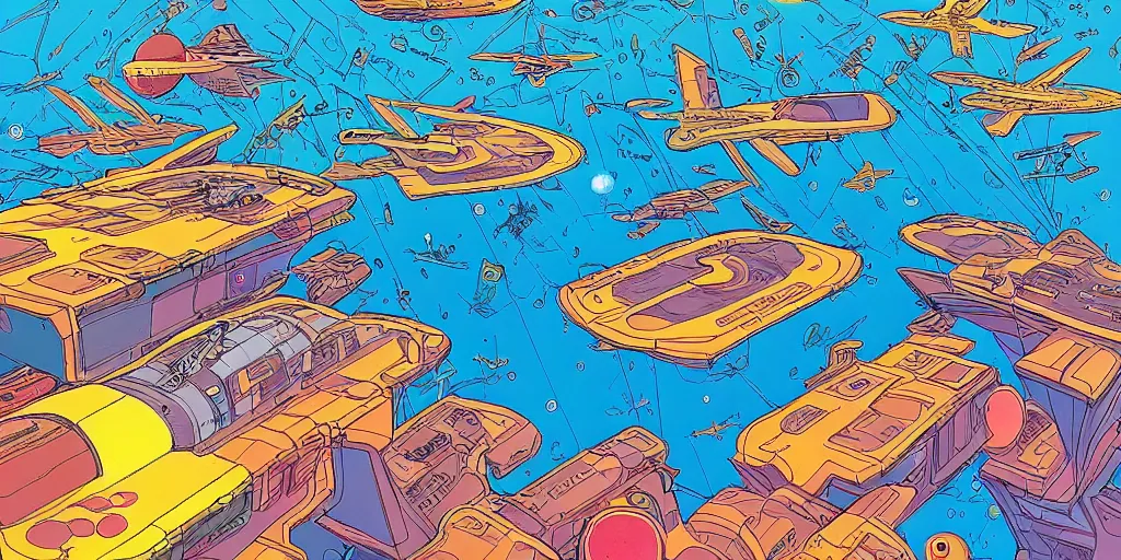 Prompt: colourful illustration of space. a floating settlement in centre. moebius. science fiction art. detailed digital painting.