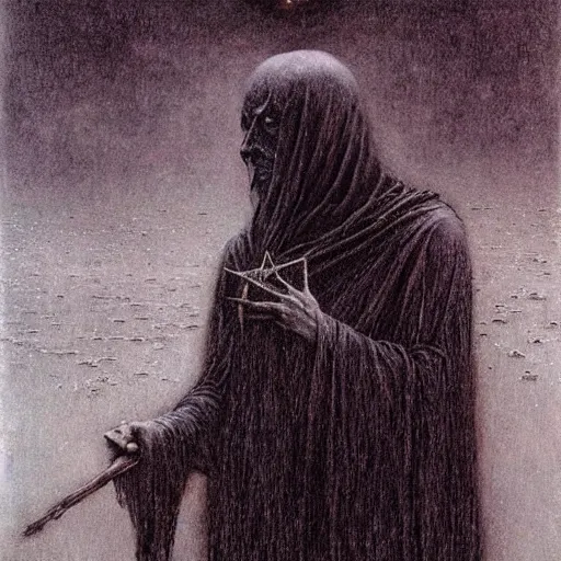 Image similar to ((black magic sorcerer with a book of spells)) by Beksinski, Luis Royo