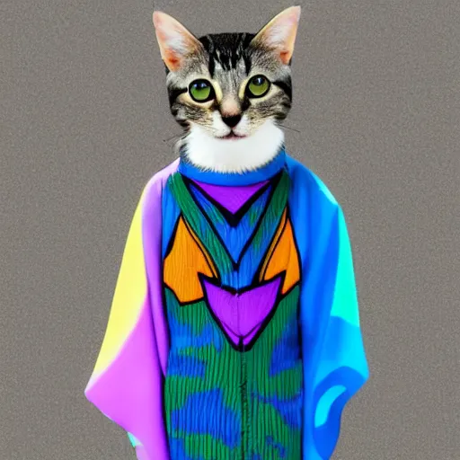 Prompt: An cat wearing clothes designed by Issey Miyake colorful kimono style