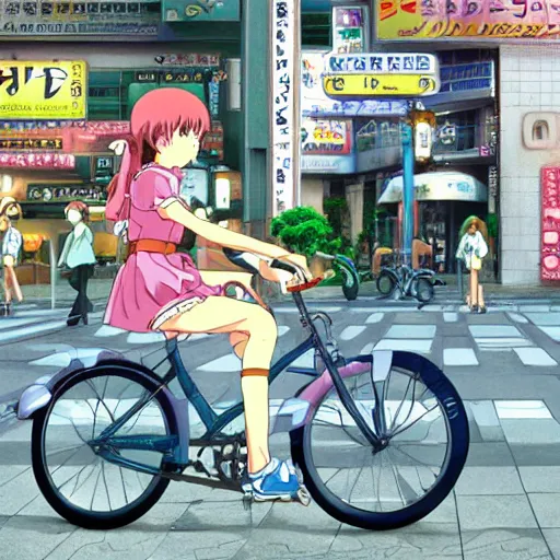 Image similar to anime girl riding bicycle in highly detailed akihabara, studio ghibli style, by hayao miyazaki, sharp focus, highly detailed, 4k