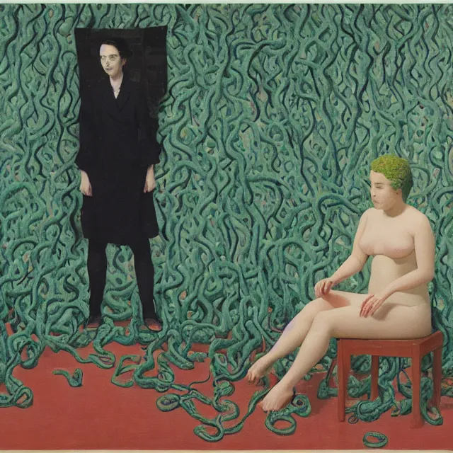 Image similar to a queer female pathology student in her apartment, wrapped in vines, medical equipment, stepping stones, octopus, bones, black walls, ikebana, black armchair, sculpture, acrylic on canvas, surrealist, by magritte and monet