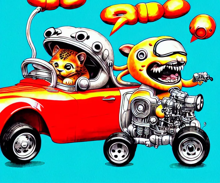 Image similar to cute and funny, baby jaguar wearing a helmet riding in a hot rod with oversized engine, ratfink style by ed roth, centered award winning watercolor pen illustration, isometric illustration by chihiro iwasaki, edited by range murata, tiny details by artgerm and watercolor girl, symmetrically isometrically centered, sharply focused