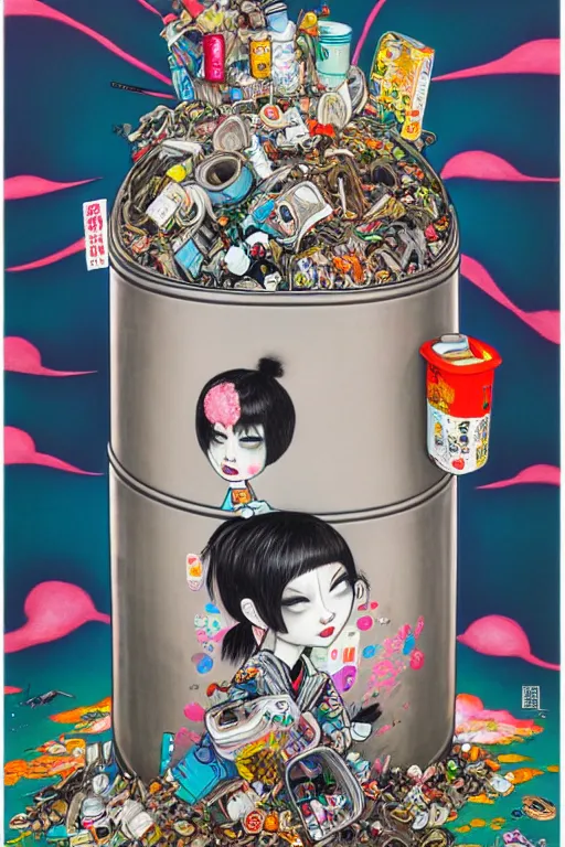 Prompt: full view, from a distance, of anthropomorphic taiwanese trashcan full of trash, style of yoshii chie and hikari shimoda and martine johanna, highly detailed