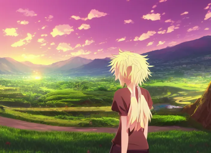 Image similar to very high quality illustration of green hills with clouds in the background, golden hour sunset, purple beautiful sky, cute anime girl with platinum blonde hair and big eyes, close to foreground, anime key visual, official media, illustrated by wlop, extremely detailed, 8 k, trending on pixiv, cinematic lighting, beautiful