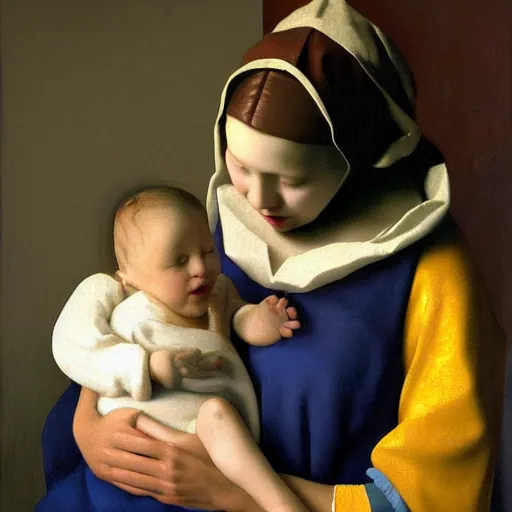 Prompt: pure love is patient love is kind, mother and child ; photorealistic oil painting by johannes vermeer ; highly detailed cute faces by wlop ; trending on artstation ; 8 k high resolution, symmetrical, cinematic, high coherence, golden ratio, rule of thirds, perfectly centered ; anatomically correct faces