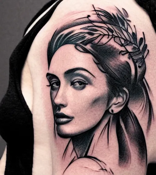 Image similar to tattoo design sketch of a beautiful woman face with a faded background of beautiful mountains and nature on her side, hyper - realistic, in the style of den yakovlev, amazing detail, black and white