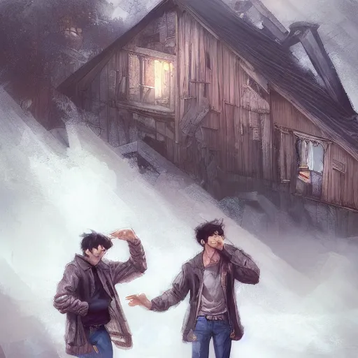 Image similar to two husbands leave each other inside a big wooden broken house by Stanley Artgerm Lau, WLOP, Rossdraws, James Jean, Andrei Riabovitchev, Marc Simonetti, Yoshitaka Amano, ArtStation, CGSociety