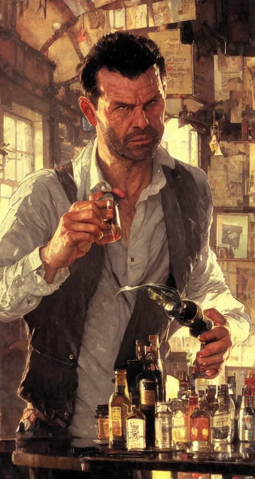 Image similar to close up of max payne pouring a drink, sun shining, photo realistic illustration by greg rutkowski, thomas kindkade, alphonse mucha, loish, norman rockwell.