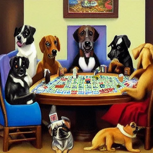 Prompt: dogs playing poker painting but replace the dogs with characters from bluey