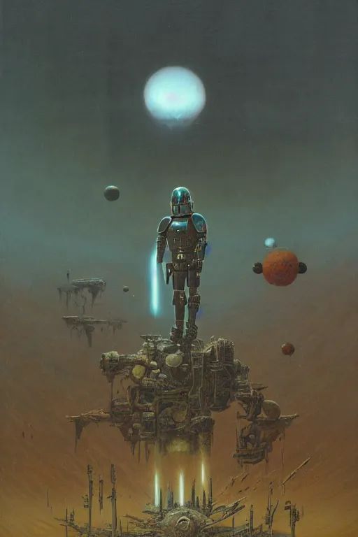 Image similar to mandalorian by beksinski on background with destroyed planets and atomic bomb explosion, backlight