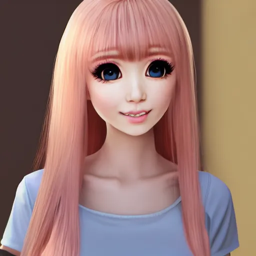 Image similar to Render of Nikki from Shining Nikki Dress-Up Game, a cute 3D young woman, long light pink hair, full bangs, full round face, hazel amber eyes, pale skin, cute freckles, light blush, Chinese heritage, smiling softly, wearing casual clothing, interior lighting, cozy living room background, medium shot, mid-shot, hyperdetailed, trending on Artstation, Unreal Engine 4k