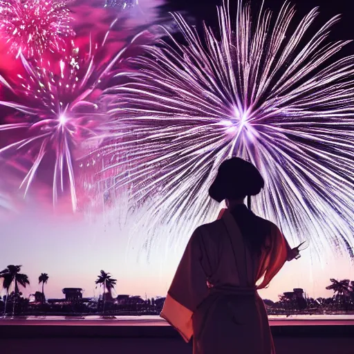 Prompt: a beautiful woman in a kimono watching fireworks