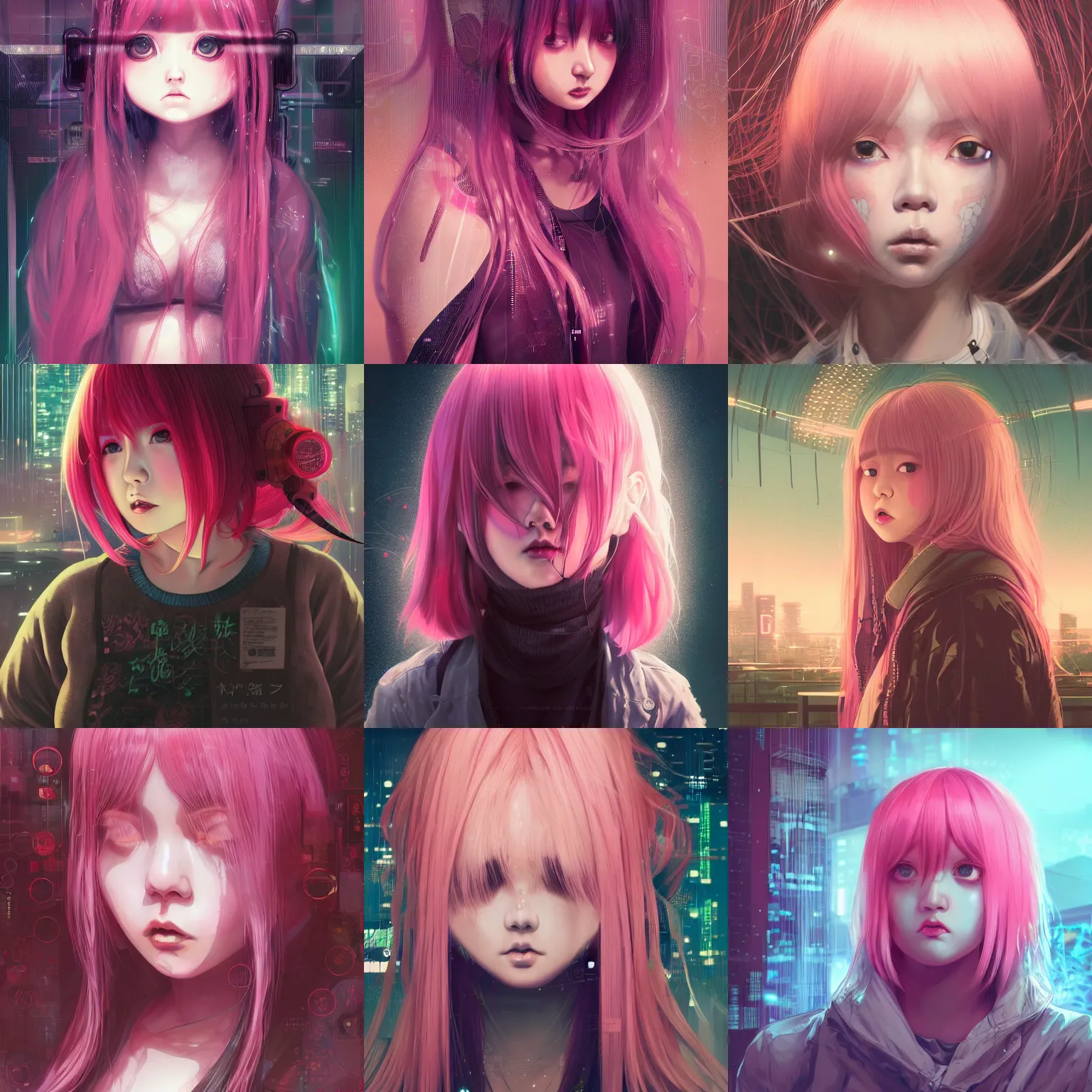 Prompt: portrait of fat anime girl, long pink hair, big eyes, well lit, intricate abstract. cyberpunk, intricate artwork, by Tooth Wu, wlop, beeple. octane render,in the style of Jin Kagetsu, James Jean and wlop, highly detailed, sharp focus, intricate concept art, digital painting, ambient lighting, 4k, artstation