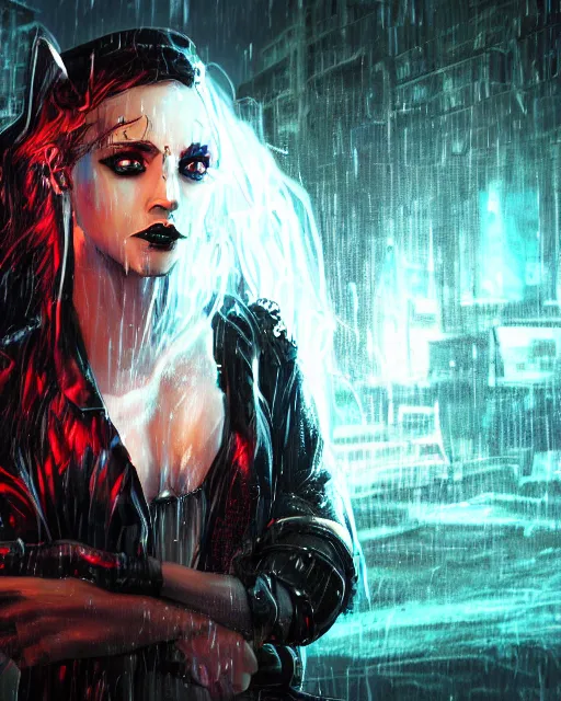 Prompt: An epic fantasy comic book style portrait painting of a very beautiful imposing Industrial goth Quorra in the rain, wet hair, neon reflections, character design by Mark Ryden and Pixar and Hayao Miyazaki, unreal 5, DAZ, hyperrealistic, octane render, cosplay, RPG portrait, dynamic lighting, intricate detail, cinematic