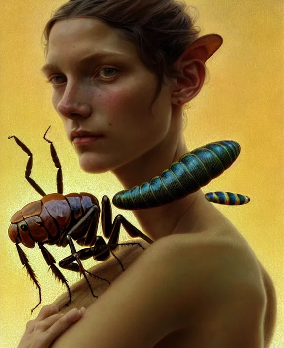 Image similar to intricate earth - toned portrait of a comforting alien insect creature, mottling coloring, adorable, childlike, overgrown environment, ultra realistic, concept art, maximalist, photorealistic, octane render, 8 k, unreal engine. art by christopher marley and artgerm and greg rutkowski and alphonse mucha