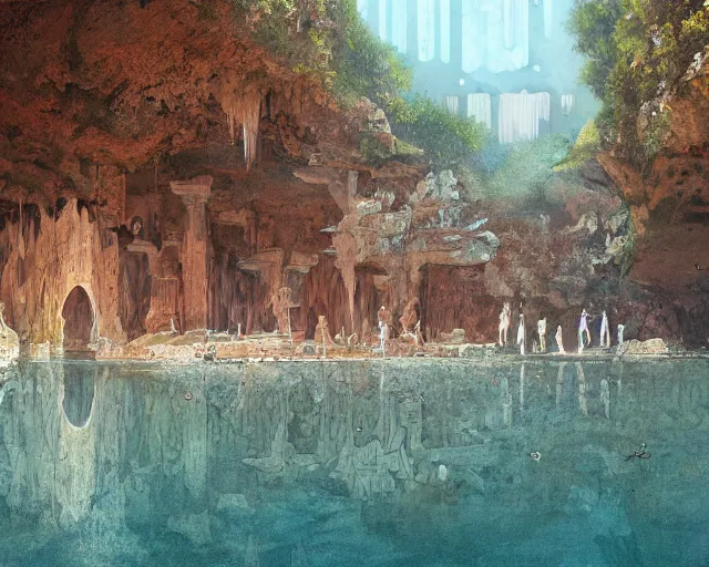 Image similar to a herd of centuars walking by abandoned greek architecture in shallow water, in a cave by the water, digital art, illustrated by james gurney and victo ngai