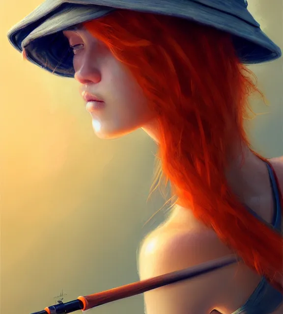 Prompt: muscular female angler, perfect face, bucket hat, orange halter top, ginger hair, abs, cinematic, blush, stunning, athletic, strong, agile, highly detailed, psychedelic, digital painting, artstation, smooth, hard focus, illustration, art by jessica rossier and and brian froud