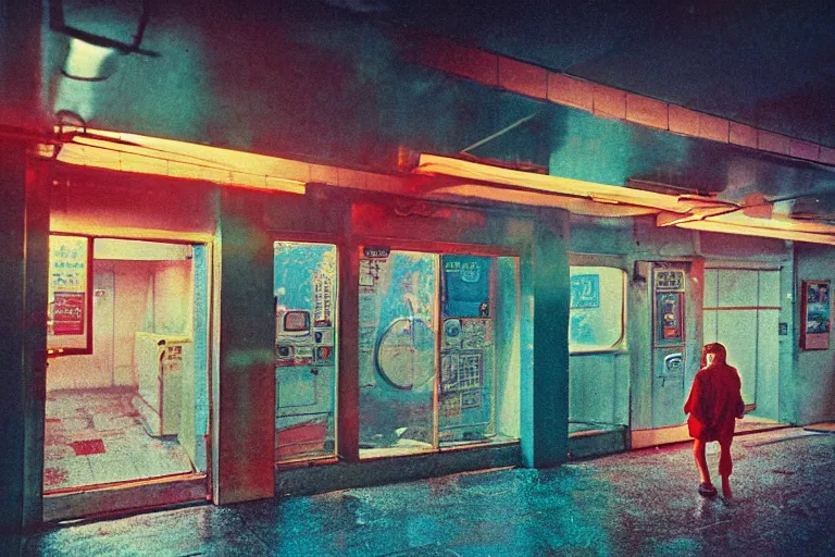Prompt: 1970s laundromat, neo tokyo, large glass windows, rain, neon lights, dirty, ektachrome photograph, volumetric lighting, f8 aperture, cinematic Eastman 5384 film