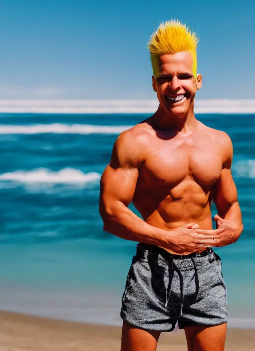 Image similar to professional photo of person looking like bart simpson, he's muscular and confident, on the beach at noonday, blur background, high details, original simpsons cartoon style