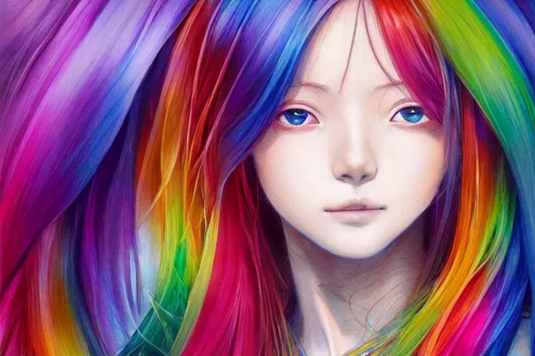 Image similar to Beautiful girl, rainbow hair, symmetrically, smiling, anime style, pixiv, pinterest anime, artist Steve Hanks, artist Alyssa Monks, endless summer art, artist WLOP artstation, artist Mam BA artstation, artist Arata Yokoyama, real photo, very detailed, realistic proportions, knowledge of anatomy, anatomy for beginners, true proportions of the face