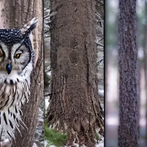 Image similar to mixture between an! owl and wolf, captured in a forest