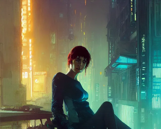 Prompt: 1 4 4 4 blade runner movie still ramona flowers look at the cityscape from roof perfect face fine realistic face pretty face reflective polymer suit tight neon puffy jacket blue futuristic sci - fi elegant by denis villeneuve tom anders zorn hans dragan bibin thoma greg rutkowski ismail inceoglu illustrated sand storm alphonse mucha