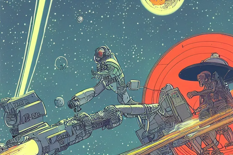 Image similar to an illustration of a space hero with a laser blaster with Saturn filling the background, 1950s sci-fi by Moebius, intricate linework, 4k, highly detailed