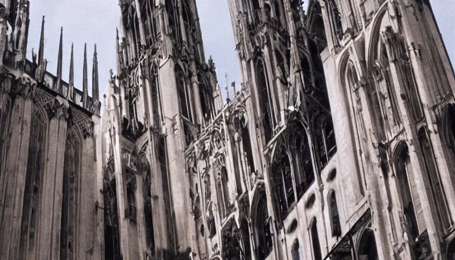 Prompt: 7 0 s film still from a horror movie about people standing on top of cathedrals, kodachrome, cinecolor, cinestill, film grain, film texture, retro, cinematic, high resolution, photorealism,