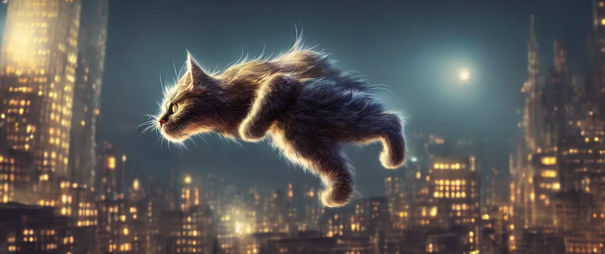 Image similar to hyper detailed concept art of choonky cute flooffy catman jumping, background the city at night sharp cinematic lighting 8k low angle shallow depth of field