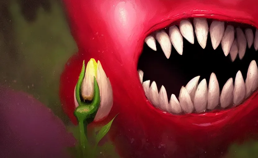 Prompt: close up of a beautiful flower with a mouth with teeth in the middle by Greg rutkowski