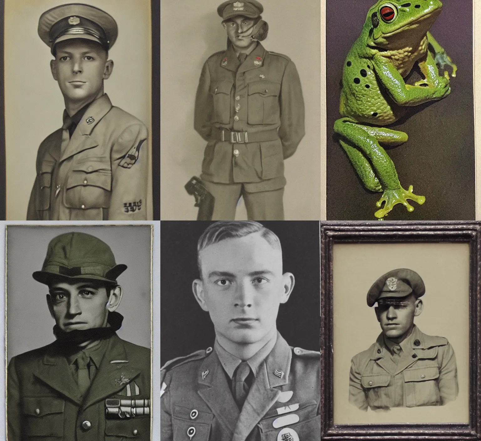 Prompt: grainy 1940’s WWII military portrait of a frog, professional portrait HD, authentic