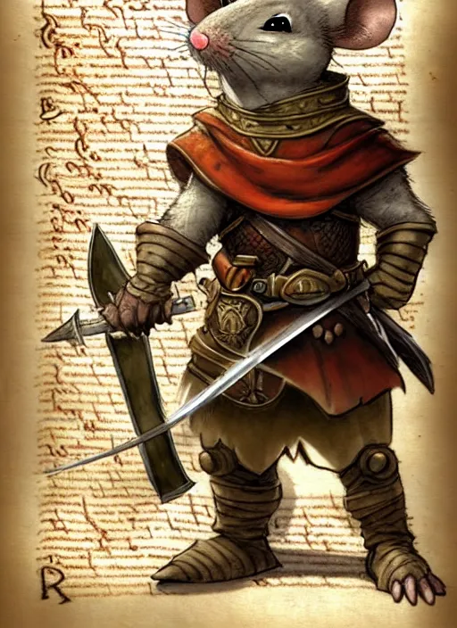 Prompt: a heroic mouse knight with sword and shield on a parchment background, redwall, greg rutowski and jean baptiste monge, detailed, epic fantasy concept art, full body