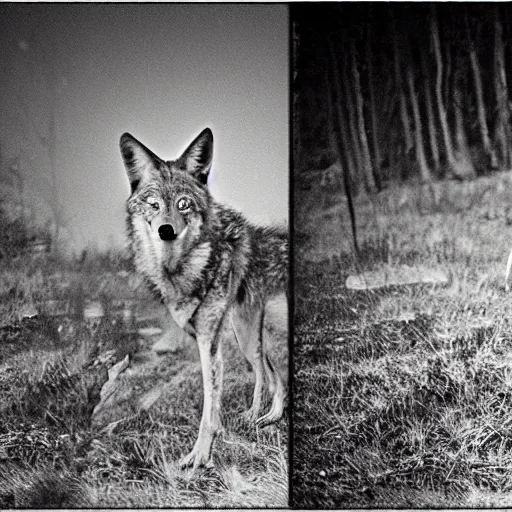 Image similar to bad quality blurry nightfootage nightcam black and white trailcam footage of native weird distorted human bodySkinwalker transforming into a coyote, low resolution, compressed