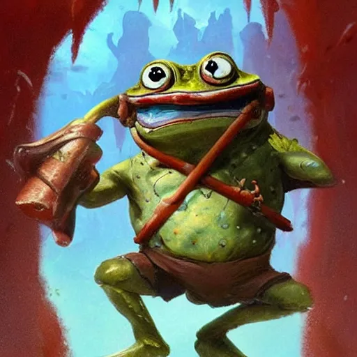 Image similar to crazy frog warrior with a bloody sable in a sea on a sea leaf, by greg rutkowski, very detailed, in the style of magic the gathering