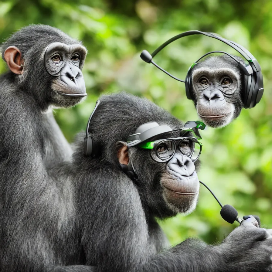 Image similar to a high quality photo of a green chimp wearing headphones, realism, 8k