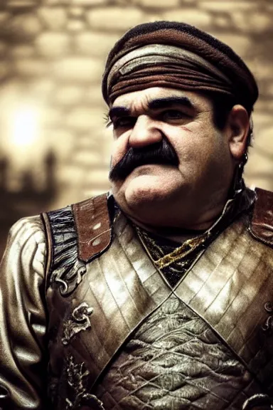 Image similar to very very intricate photorealistic photo of wario in an episode of game of thrones, photo is in focus with detailed atmospheric lighting, award - winning details