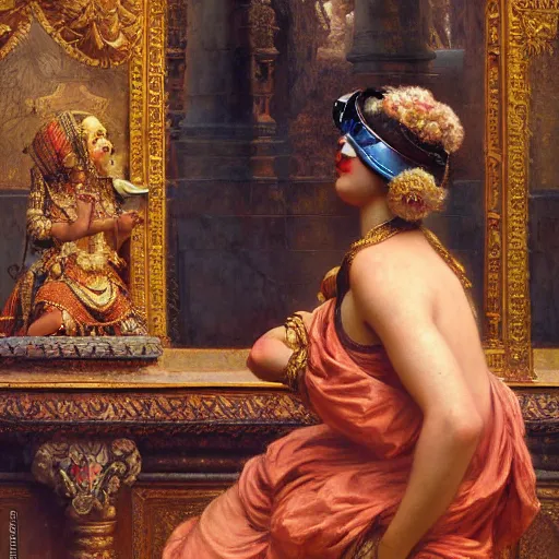 Prompt: detailed full body of hindu traditional girl blindfolded high - tech vr headset in baroque style, girl graceful,, painting by gaston bussiere, craig mullins, j. c. leyendecker, lights, art by ernst haeckel, john william godward, hammershøi,,