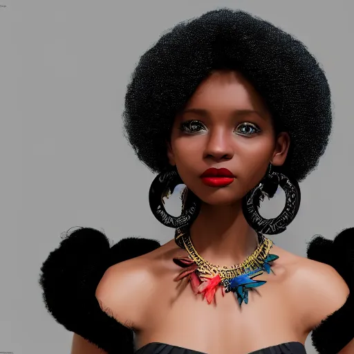 Prompt: young, super cute funky black girl, afro, intricate hair details, jewellery, big hooped earrings, long nails, off the shoulder shirt, sultry look, soulful, pouty lips, adorable, disney, real life, octane render, 8 k, volumetric lights, rim light, character details, 3 d, award winning, model, beautiful, gorgeous