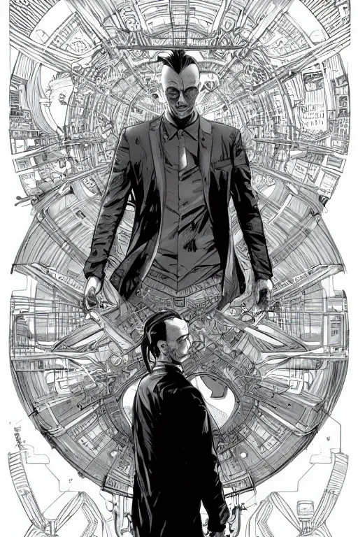 Image similar to comic book illustration, thom yorke as agent smith from the matrix, cyberpunk concept art by artgerm and Alphonse Mucha and Moebius, highly detailed, intricate, sci-fi, sharp focus, Trending on Artstation HQ, deviantart