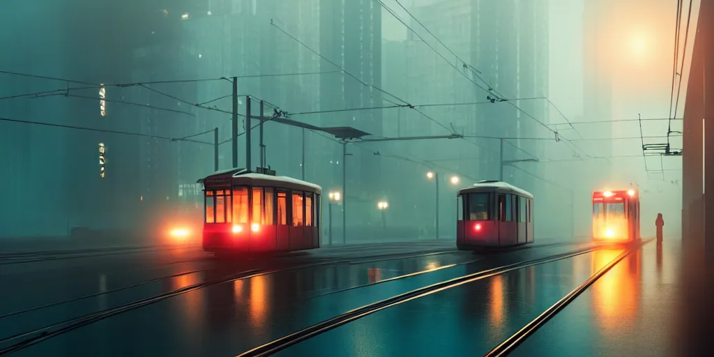 Image similar to tram on the viaduct ， foggy ， tyndall effect ， blade runner 2 0 4 9, 4 k resolution, ultra wide angle, cinematic, octane render