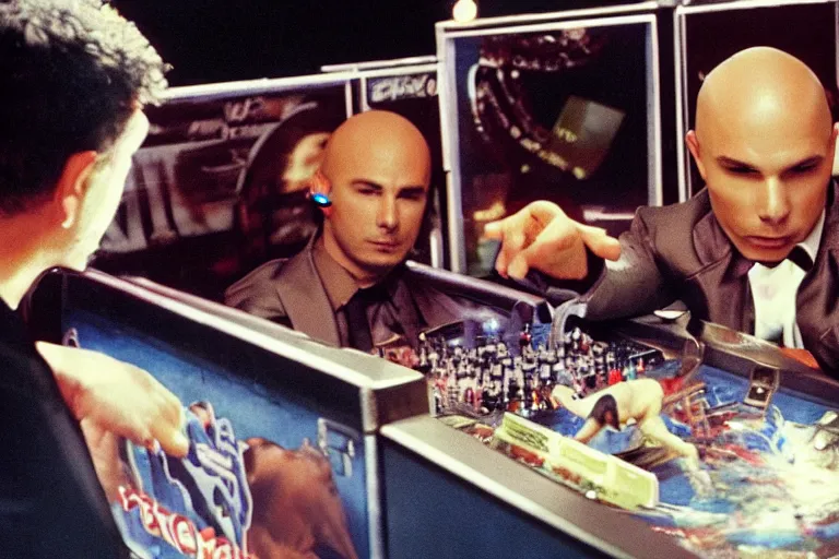 Image similar to pitbull playing a pitbull themed pinball machine in 1 9 8 5, y 2 k cybercore, industrial low - light photography, still from a kiyoshi kurosawa movie