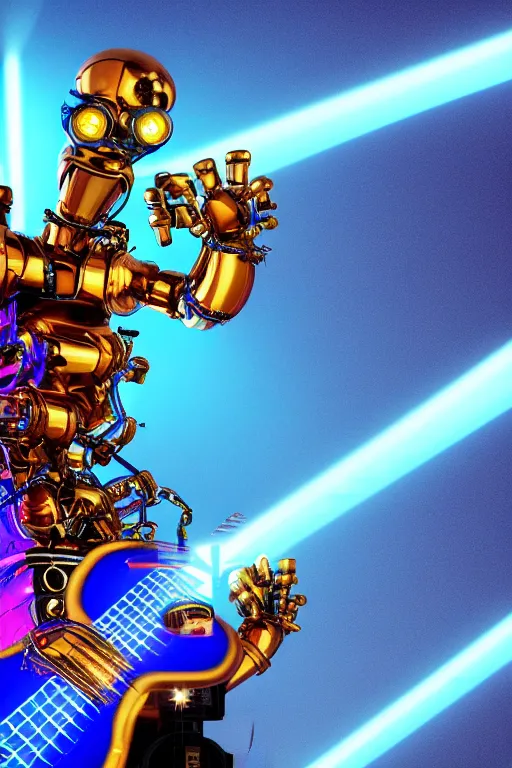 Prompt: portrait photo of a giant huge golden and blue metal humanoid steampunk robot bass guitar player with multicolored big gears and tubes, a red bass guitar, eyes are glowing red lightbulbs, shiny crisp finish, 3 d render, 8 k, insaneley detailed, fluorescent colors, background is multicolored lasershow