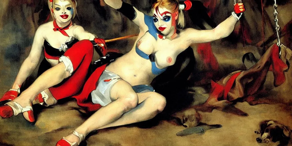Prompt: harley quinn in the swing painting by eugene delacroix