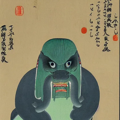 Image similar to a japanese painting of a monstruous sphinx like yokai