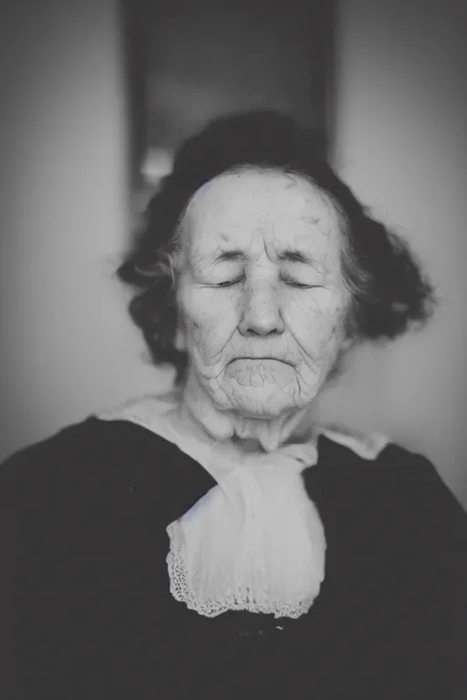 Prompt: A hyper-realistic black and white photograph taken with a 50mm 1.4 lens of a 180-year-old woman with her eyes closed.