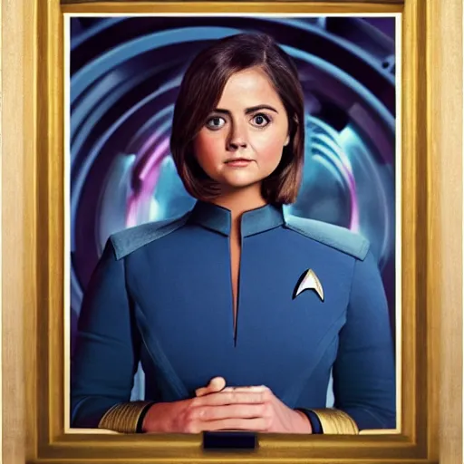 Image similar to a beautiful full body photograph of jenna coleman as a star fleet science officer from star trek next generation, full dress uniform, symmetrical face, extreme realism and detail, 8 k, completely framed, direct lighting, 3 5 mm photo, photorealistic, sharp focus