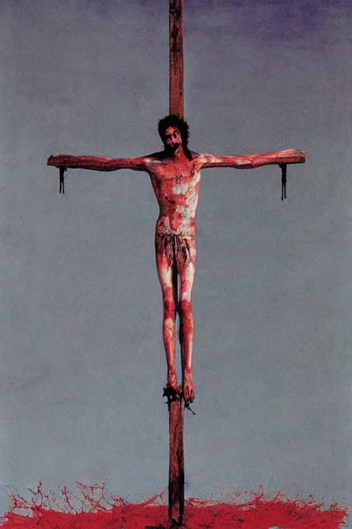 Prompt: bloody christ crucified and huge ufo in the sky painted by cy twombly and andy warhol