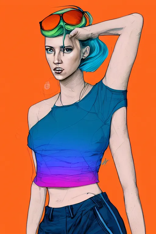 Image similar to a award winning half body portrait of a beautiful caucasian woman in a croptop and cargo pants with ombre orange blue teal hairstyle with head in motion and hair flying by martine johanna and will eisner, outrun, vaporware, digital art, trending on artstation, highly detailed, fine detail, intricate