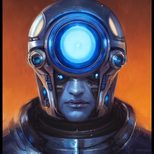 Image similar to robot with glowing blue eye slit as a realistic scifi cyberpunk knight, closeup portrait art by donato giancola and greg rutkowski, realistic face, digital art, trending on artstation, symmetry!!!