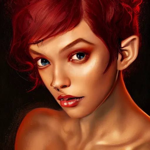 Prompt: portrait of a beautiful nonbinary actor with dark tan skin and messy short red hair wearing a men's suit, she has elf ears and gold eyes, by Gerald Brom and Ross Tran, dramatic lighting, 4K, trending on artstation